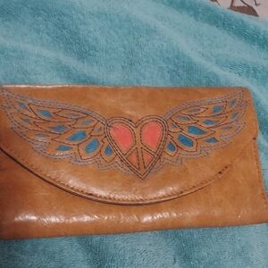 Brown Leather Clutch Wallet with Winged Heart Design